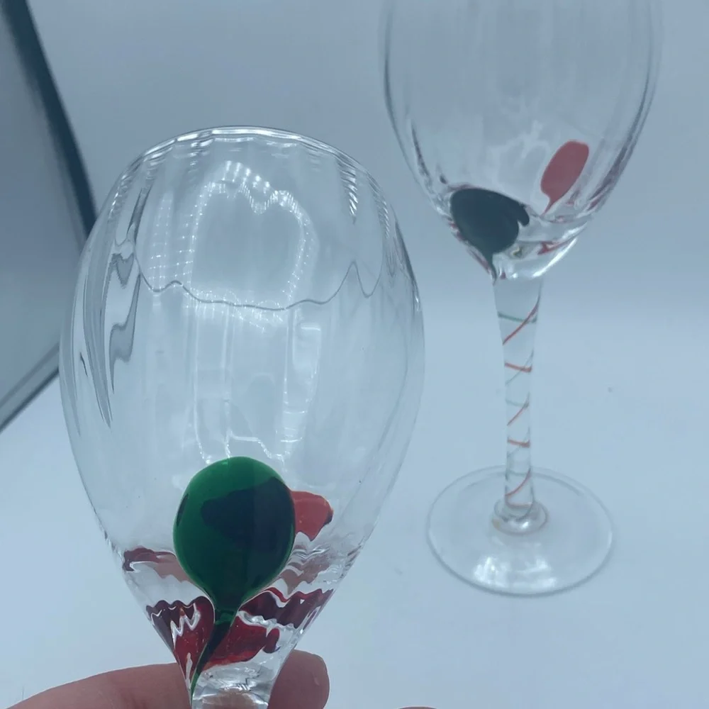 Pier 1 one swirled 9” wine glasses w/ green red teardrop design and swirled stem